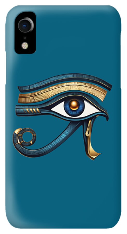 Blue phone case featuring the Eye of Horus eye symbol; single vertical camera slot shown.