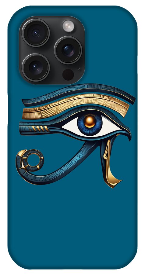 Teal iPhone case with Eye of Horus eye graphic, gold eyebrow and blue iris