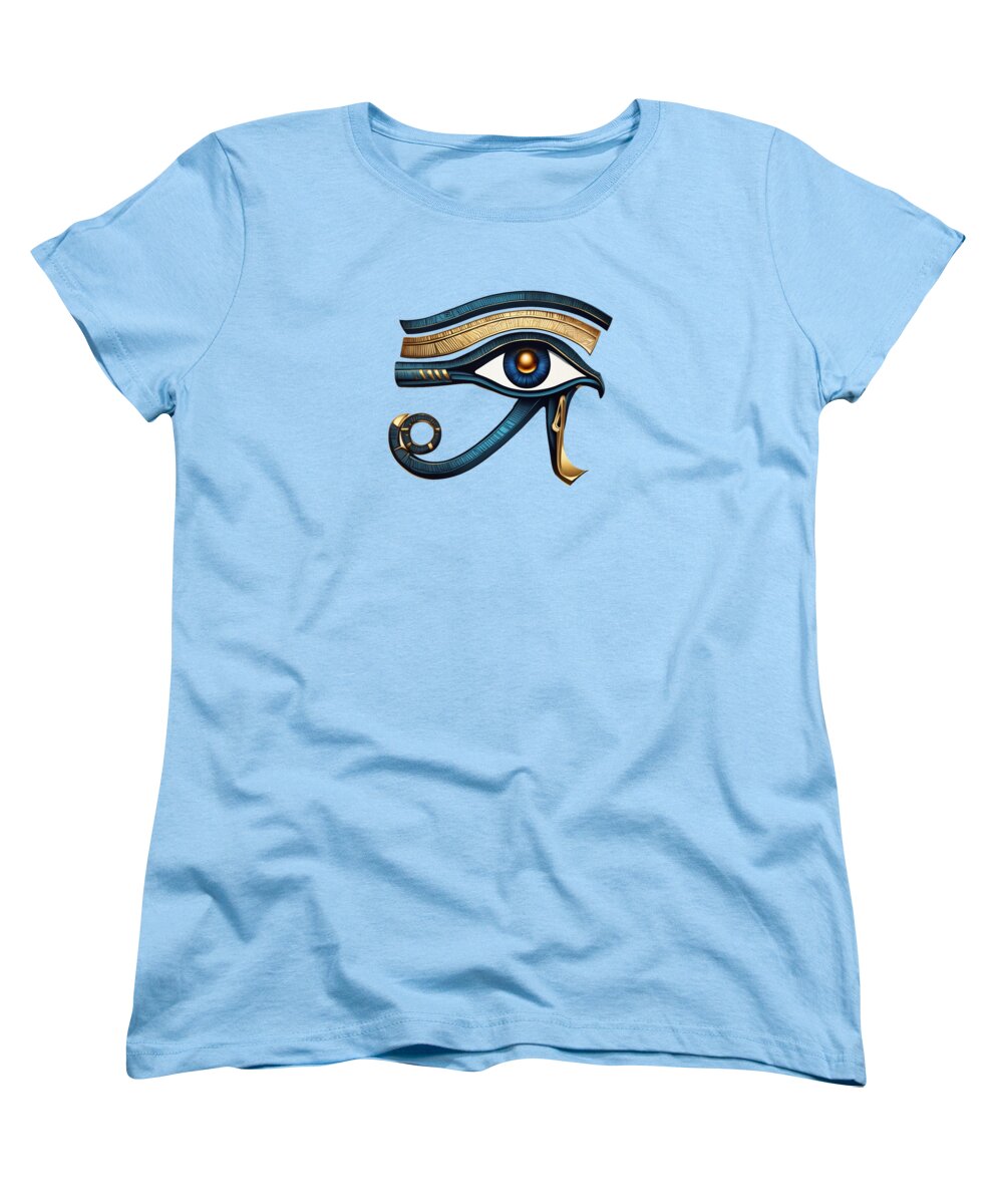 Women’s T-shirt, light blue, with multicolor Eye of Horus-style graphic on front