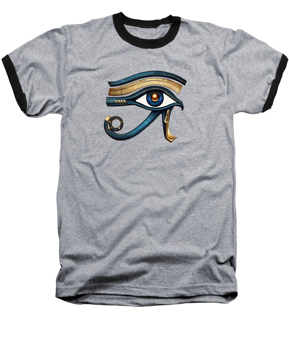 Heather gray baseball t-shirt with black raglan sleeves and Eye of Horus eye symbol graphic