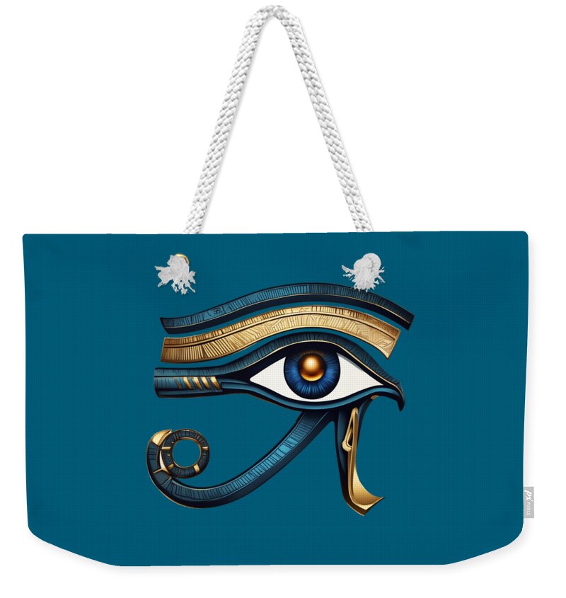 Teal weekender tote bag with Ancient Egyptian Eye of Horus graphic and white rope handles