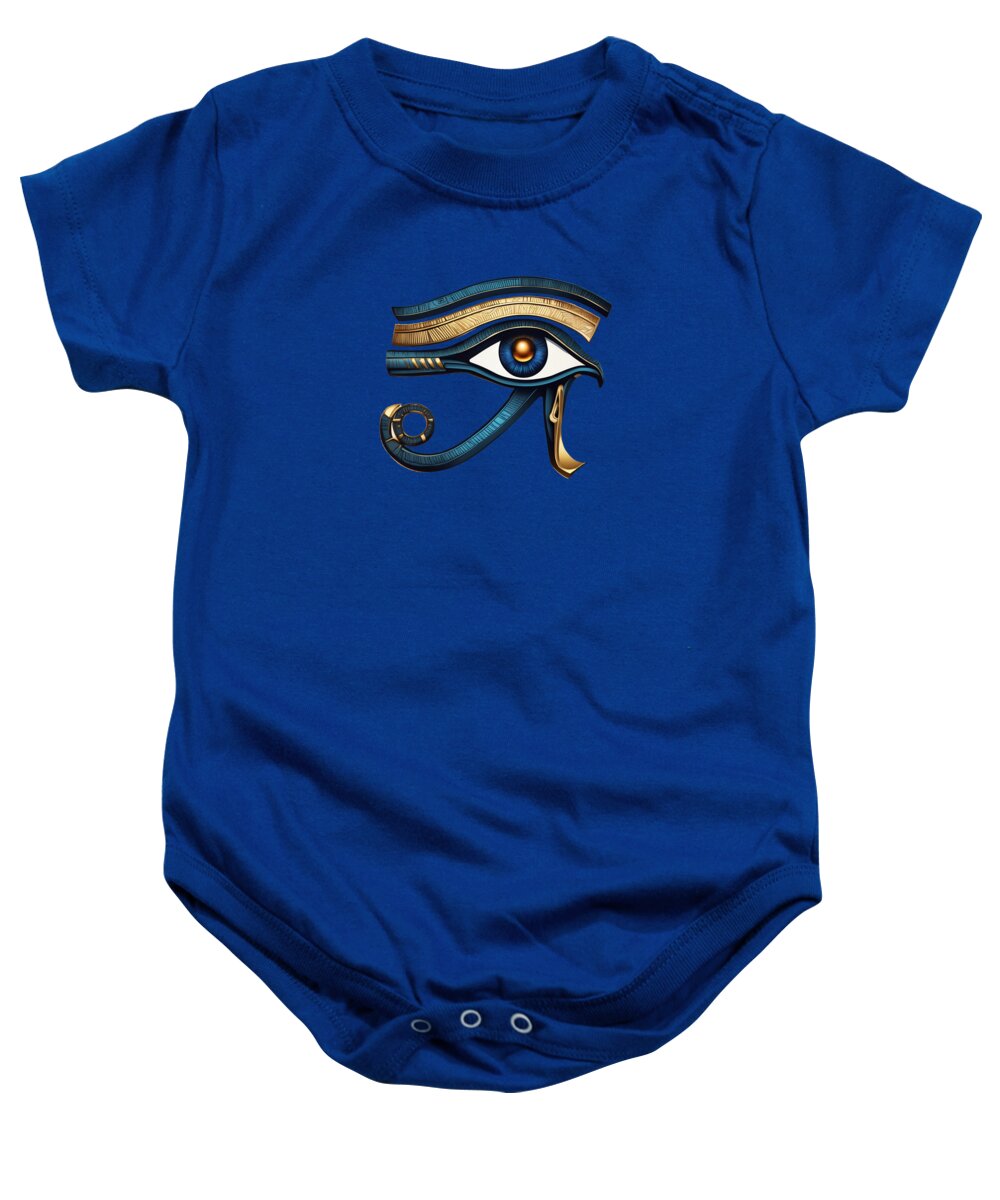 Blue baby onesie with Eye of Horus symbol on front