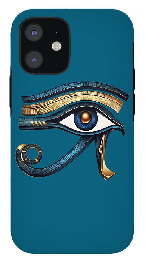 Blue iPhone case featuring the Eye of Horus eye symbol with gold accents, black camera cutout