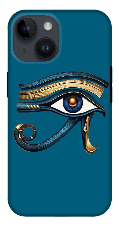 Teal iPhone case featuring Eye of Horus eye symbol with gold trim and blue iris