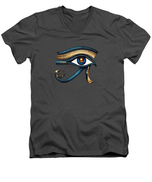 Men's V-neck T-shirt, dark gray, Eye of Horus style graphic on chest