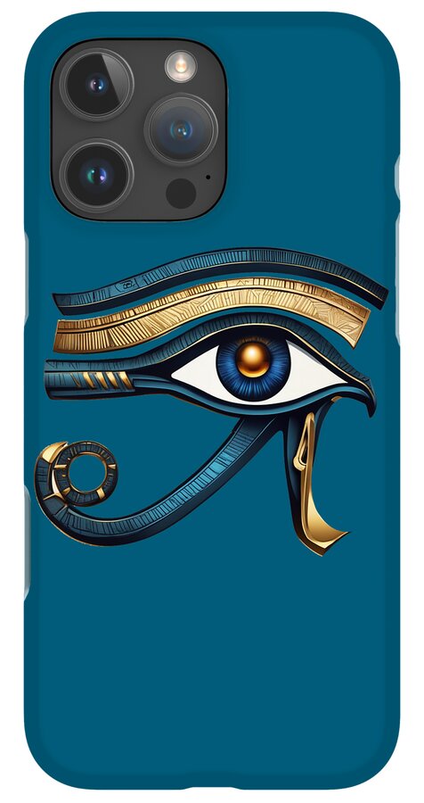 Teal iPhone case with Eye of Horus symbol and gold-blue eye design at center