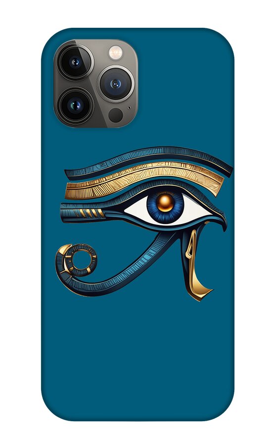 Blue iPhone case showing Eye of Horus eye symbol with gold accents and side camera cutout