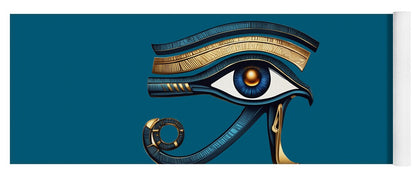 Yoga mat with Eye of Horus eye symbol in gold, blue, and dark accents