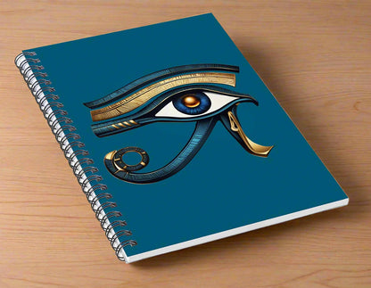Spiral notebook with Eye of Horus illustration on teal cover