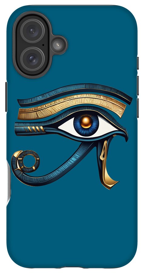 Blue phone case with Eye of Horus eye symbol; rear camera cutouts and side openings visible.