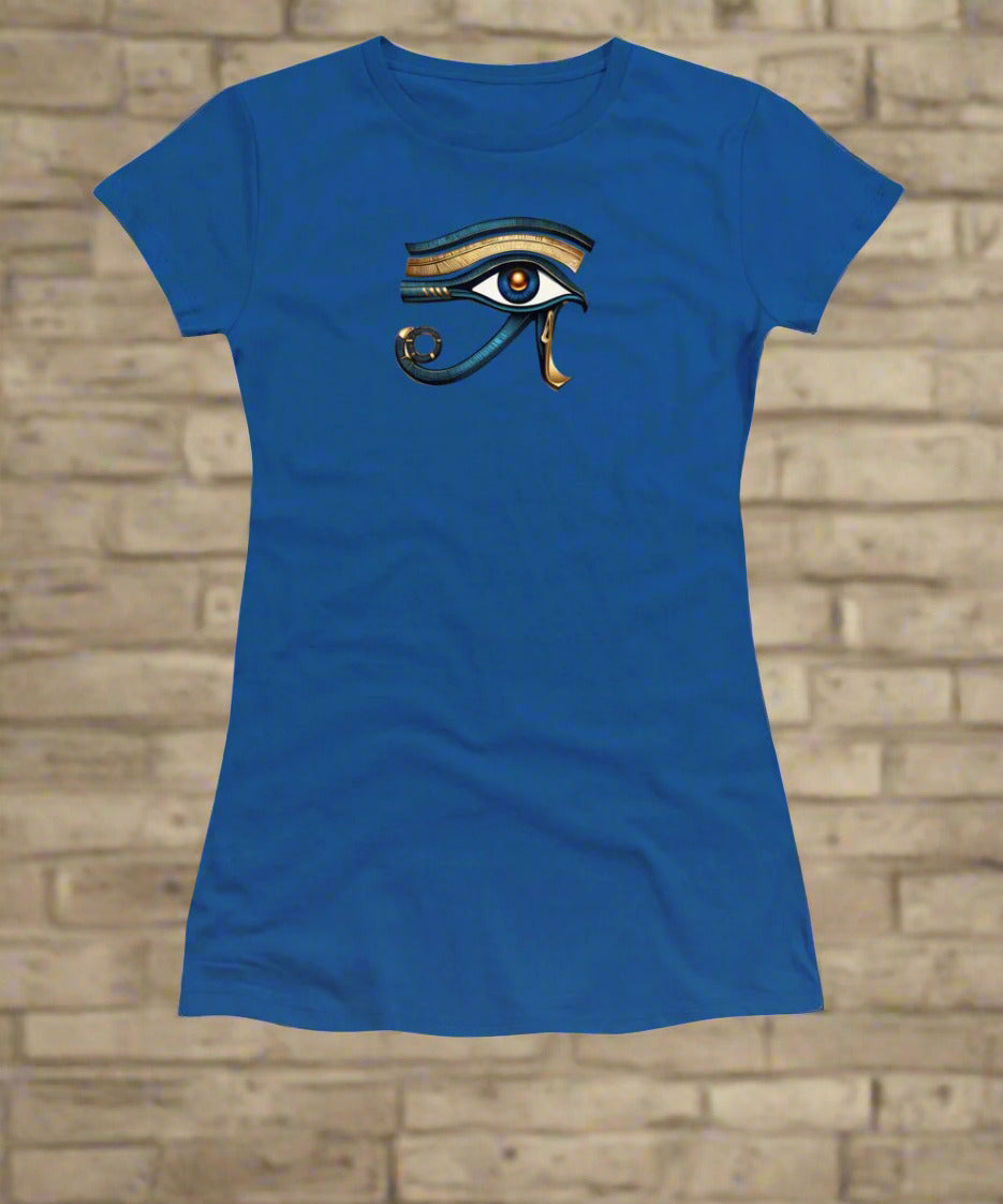 Women's blue T-shirt with Eye of Horus eye symbol graphic