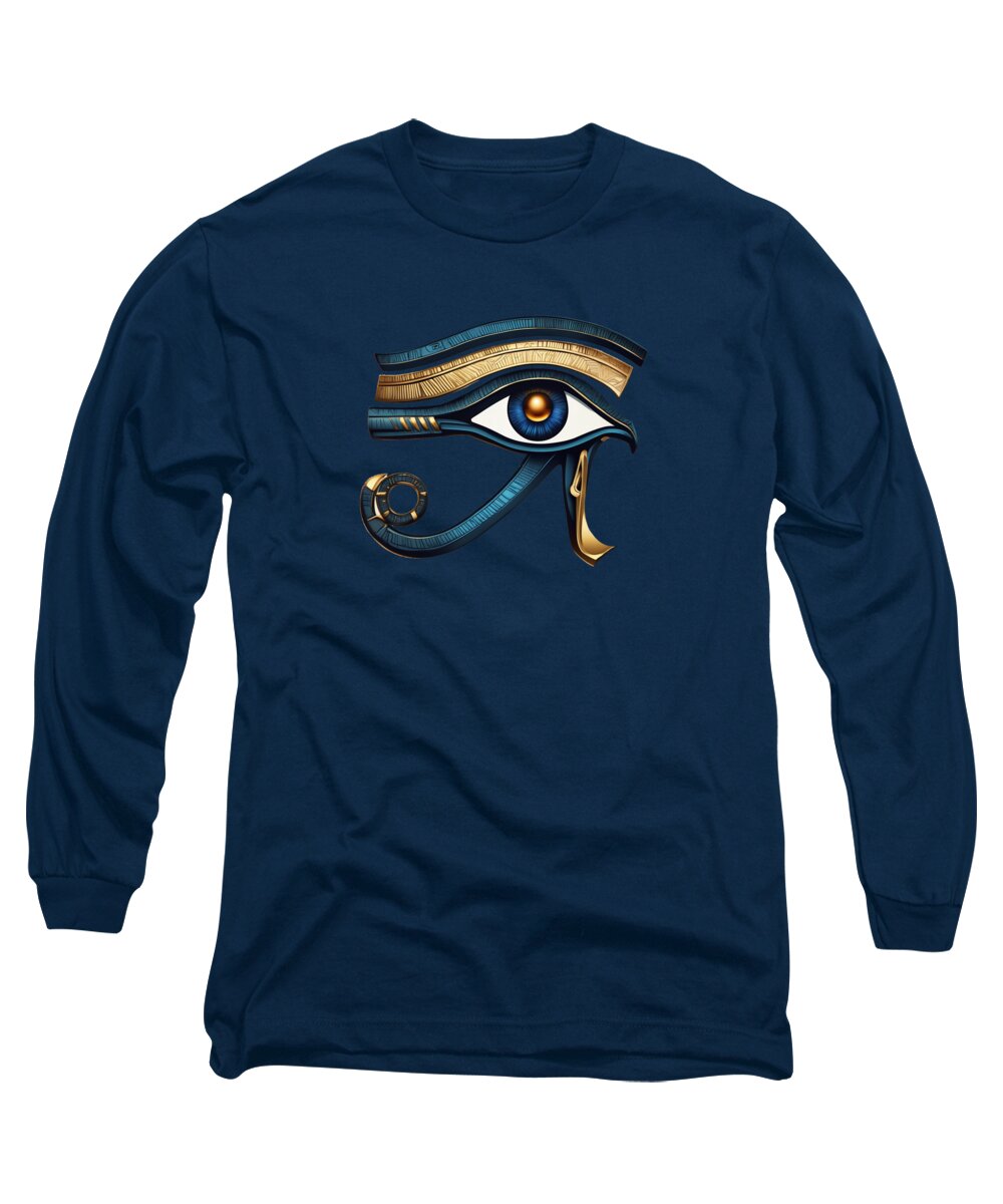 Navy long sleeve T-shirt with Eye of Horus symbol graphic on chest
