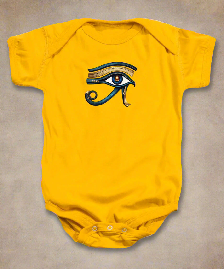 Yellow baby onesie with Eye of Horus symbol graphic on the front