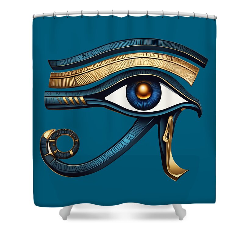 Shower curtain featuring central Eye of Horus symbol in blue and gold, flat front view