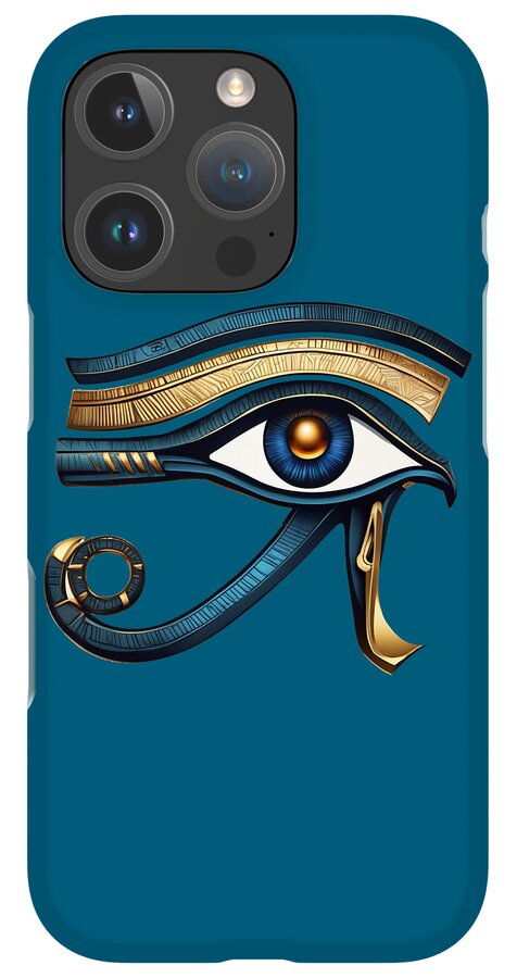 Blue phone case with Eye of Horus eye symbol; quad-lens rear camera cutouts visible.