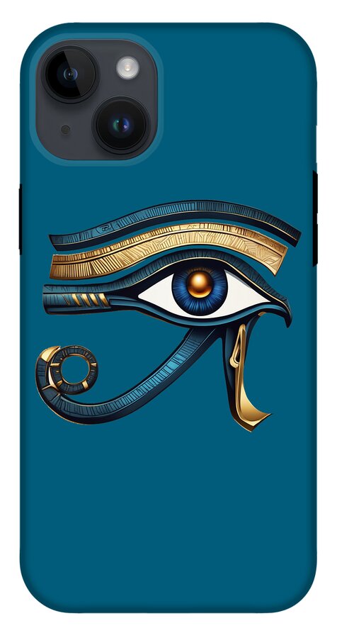 Teal iPhone case showing Eye of Horus symbol with gold, blue, and dark outlining