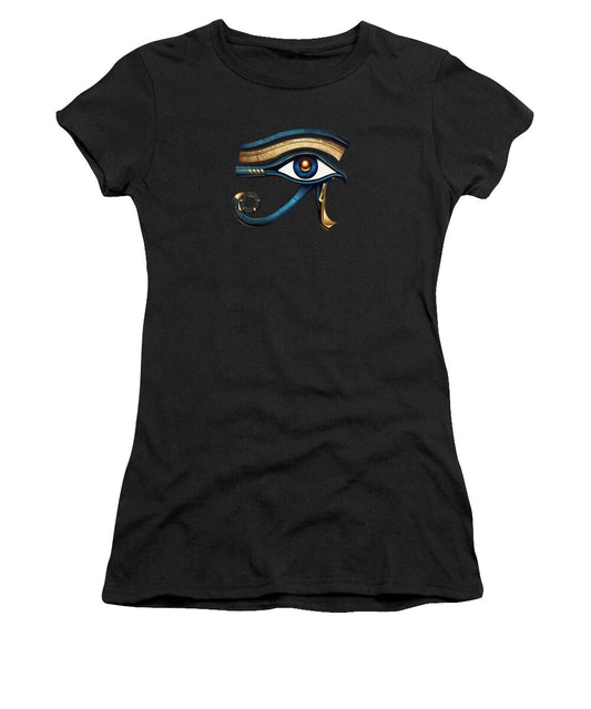 Women's black T-shirt with Eye of Horus eye symbol graphic