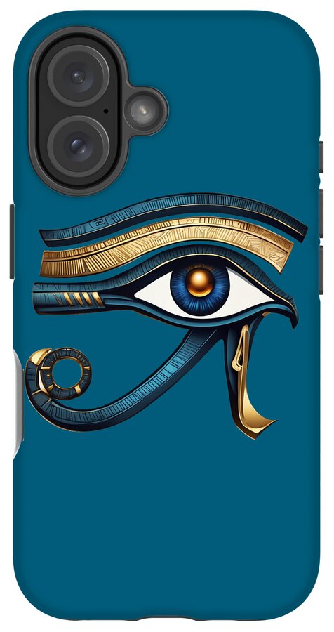 Blue phone case with Eye of Horus eye symbol; triple-lens rear camera cutouts visible.