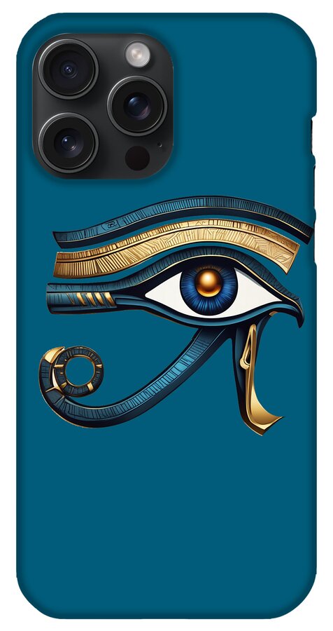 Teal iPhone case featuring Eye of Horus eye symbol with gold trim and blue eye