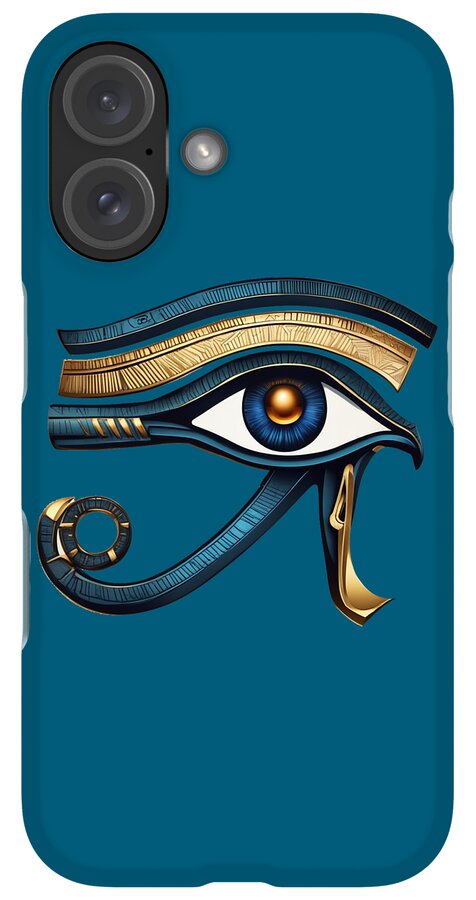 Blue phone case with Eye of Horus eye symbol; dual-lens rear camera cutouts shown.