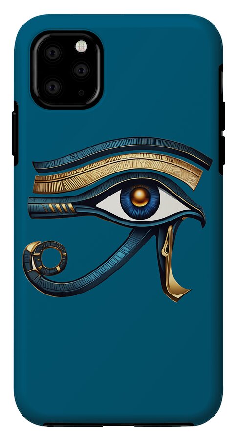 Teal iPhone case featuring Eye of Horus eye symbol with gold and blue detailing.