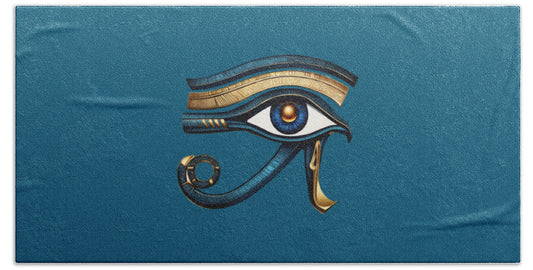 Blue bath towel with centered Eye of Horus ancient Egyptian eye symbol print