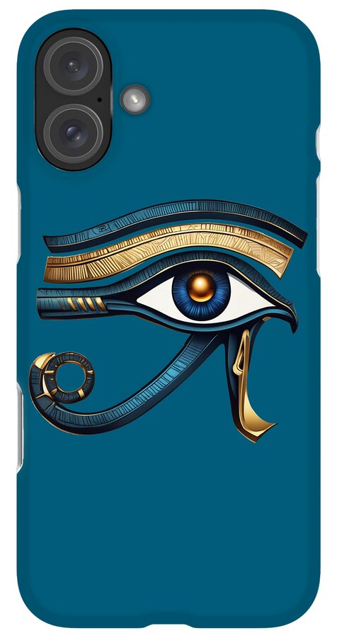 Blue phone case with Eye of Horus eye symbol; rear camera module with multiple lenses visible.