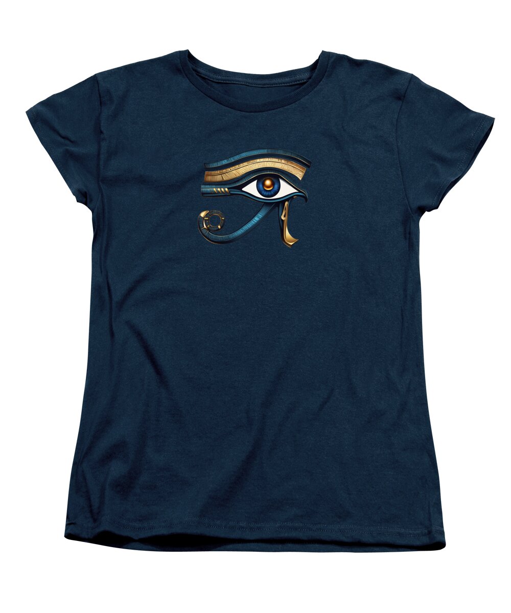 Women’s T-shirt, navy, with multicolor Eye of Horus-style graphic on front