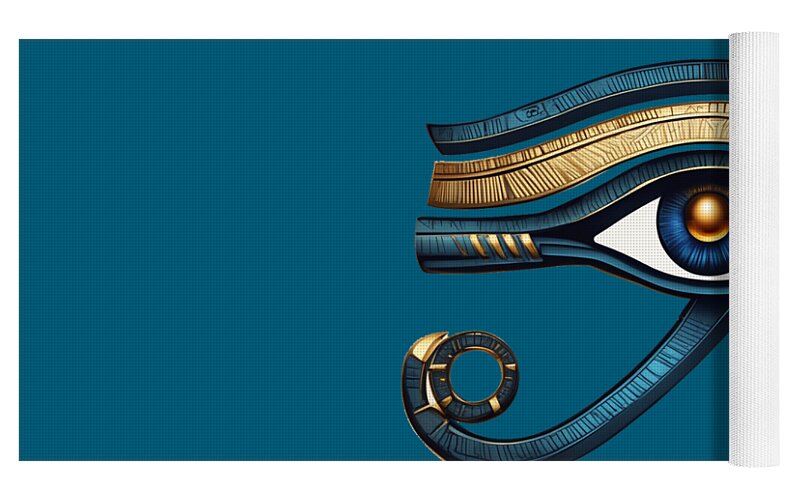 Yoga mat corner showing an ancient eye symbol with gold accents and blue-and-dark details