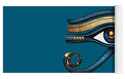 Yoga mat corner showing an ancient eye symbol with gold accents and blue-and-dark details