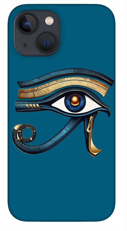 Teal iPhone case with Eye of Horus eye symbol, gold ring and blue-black detailing