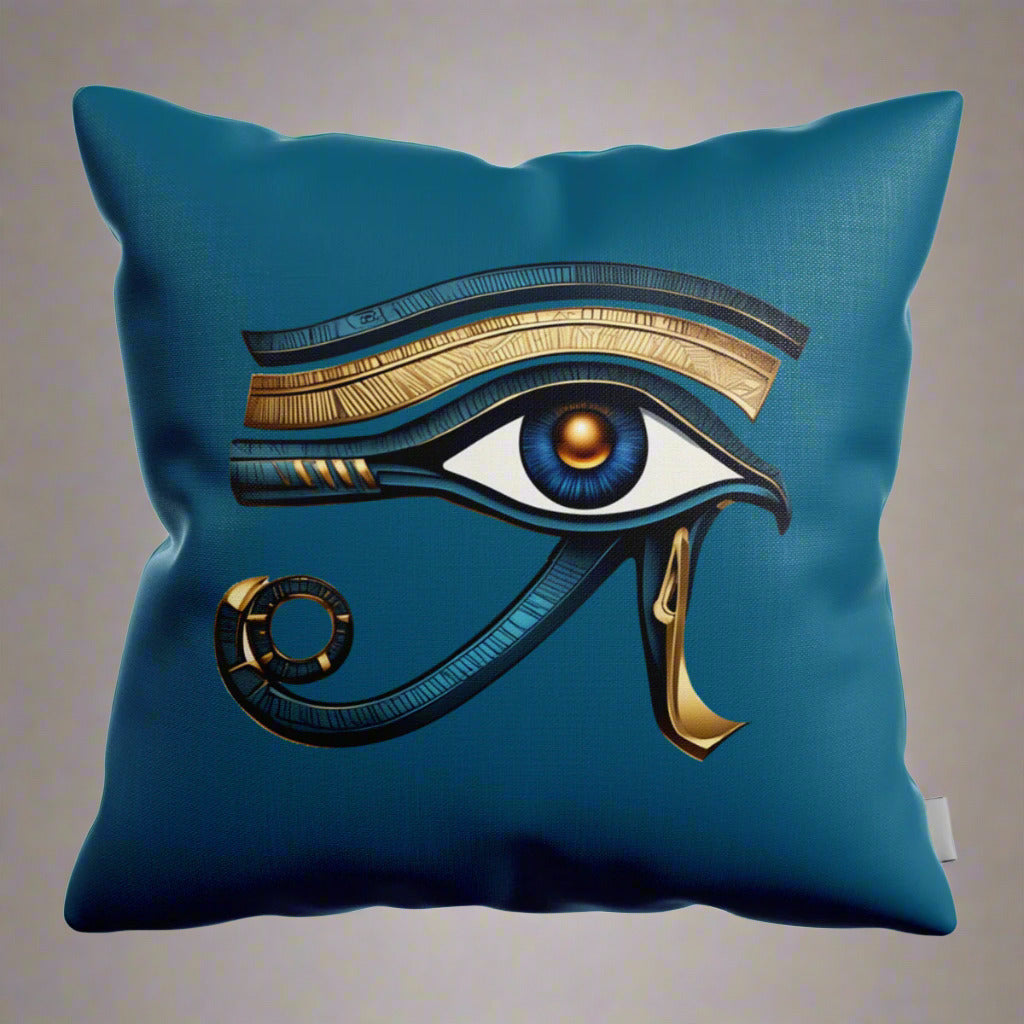 Teal square pillow with Eye of Horus graphic: blue-gold eye with dark outline