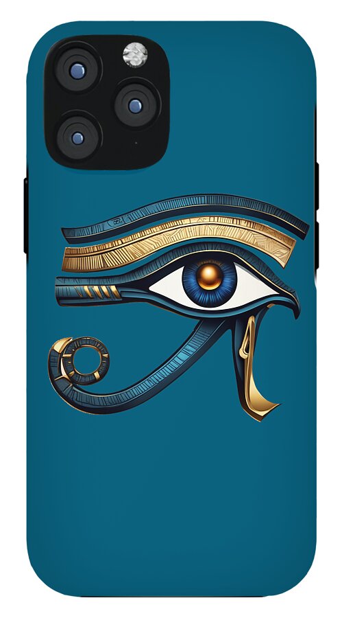 Teal iPhone case with side cutouts and Eye of Horus eye symbol in gold and blue.