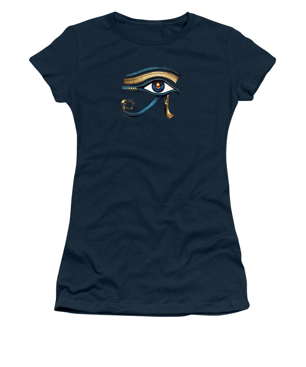 Women's navy T-shirt with Eye of Horus eye symbol graphic