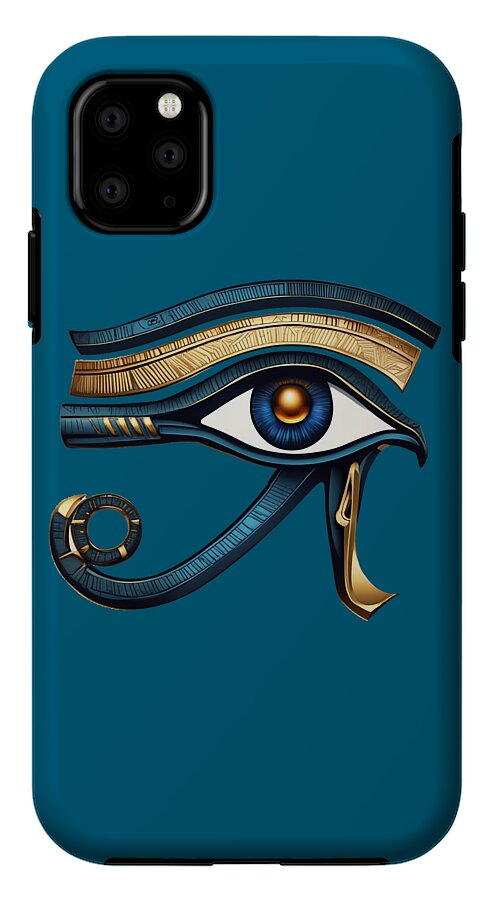 Teal iPhone case with Eye of Horus emblem and gold striped eye design on back.