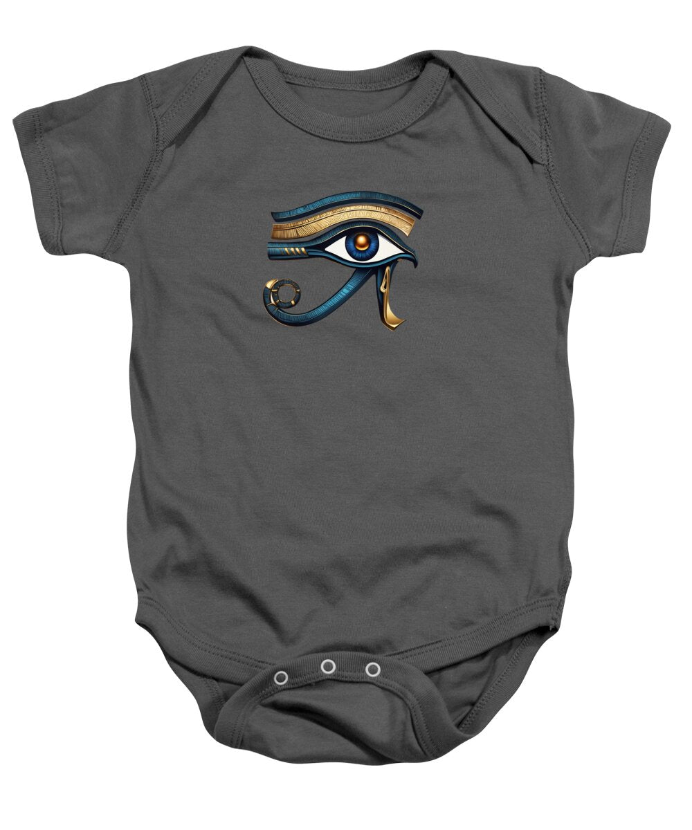 Charcoal gray baby onesie with Eye of Horus symbol graphic on the front