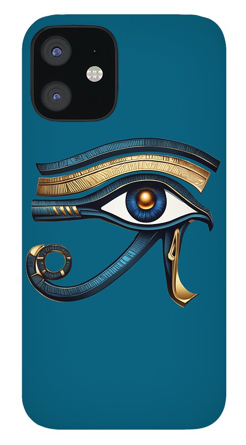 Blue iPhone case with Eye of Horus eye symbol in gold and blue, black camera cutout