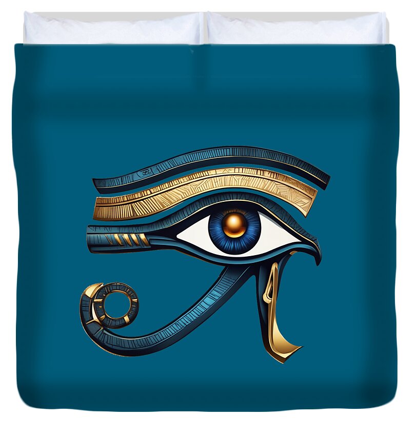 Teal duvet cover with gold and blue Eye of Horus symbol