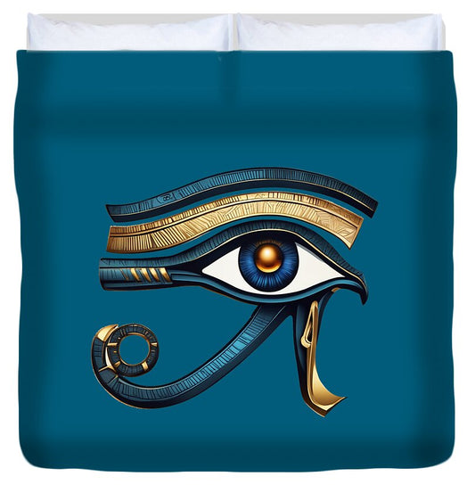 Teal duvet cover with gold and blue Eye of Horus symbol