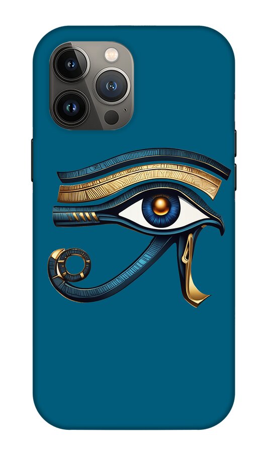 Blue iPhone case featuring Eye of Horus eye symbol in gold and blue, with camera cutout