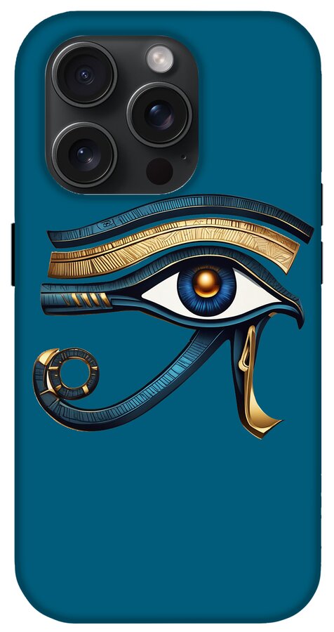 Teal iPhone case with Eye of Horus eye symbol and gold-blue decorative band