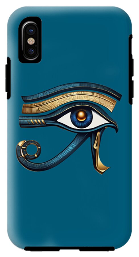 Blue phone case with Eye of Horus eye symbol; side button cutouts and rear camera visible.