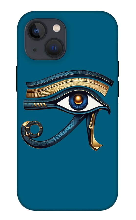 Blue iPhone case with Eye of Horus eye symbol in gold and blue, with camera cutout