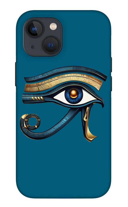 Blue iPhone case with Eye of Horus eye symbol in gold and blue, with camera cutout