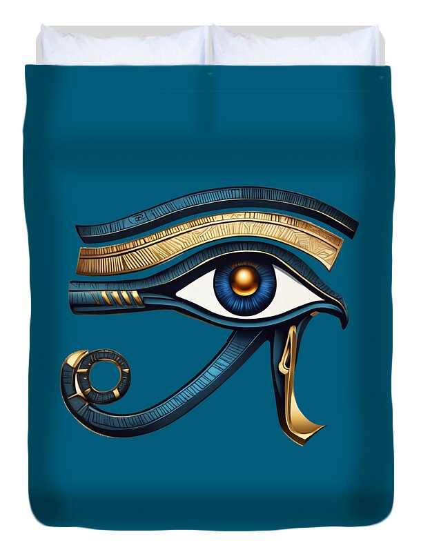 Teal duvet cover with central Eye of Horus eye print in gold and blue