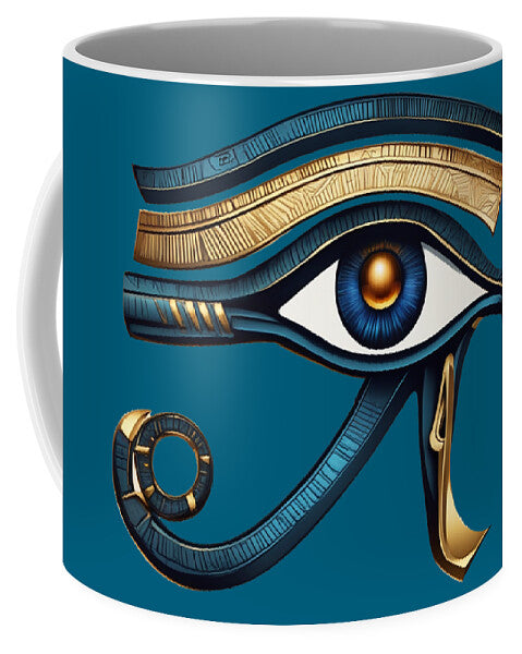 Mug with Eye of Horus eye symbol in gold and dark blue, with circular details
