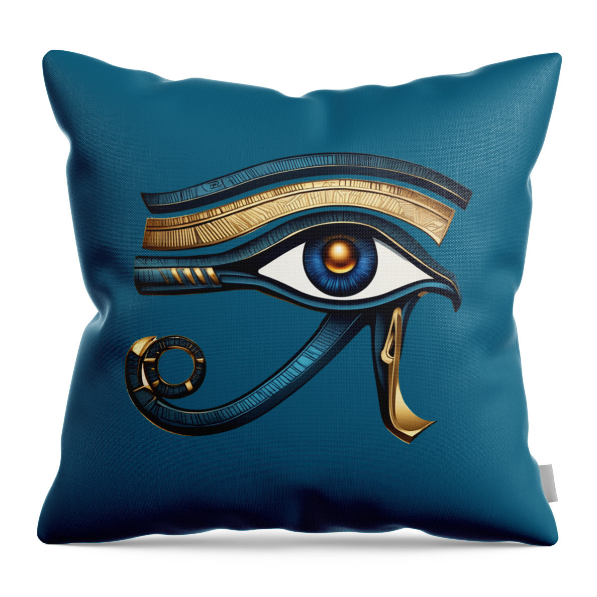 Teal square throw pillow featuring Eye of Horus, blue eye with gold accents
