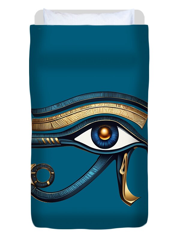 Teal duvet cover with large Eye of Horus symbol partial view in gold and blue