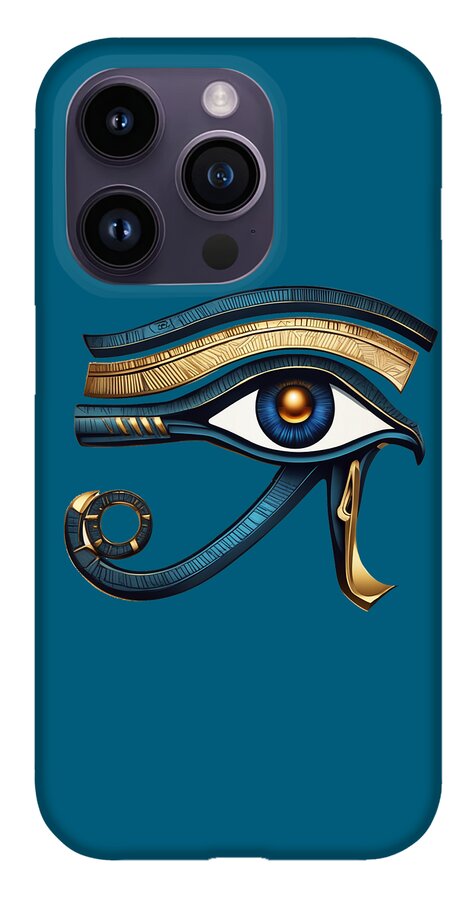 Teal iPhone case featuring Eye of Horus eye symbol with golden eyebrow bands