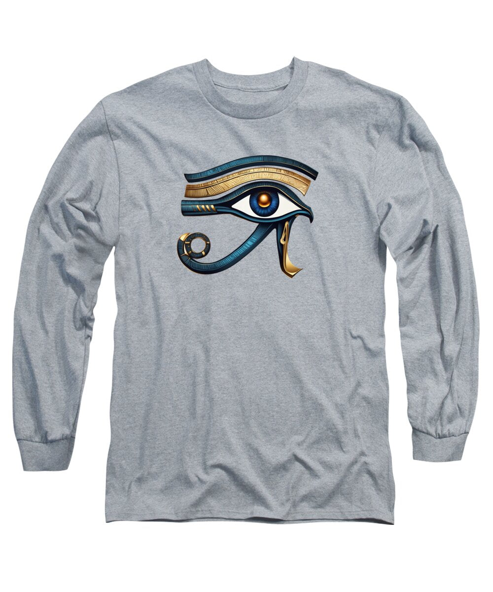 Heather gray long sleeve T-shirt with Eye of Horus symbol graphic on chest